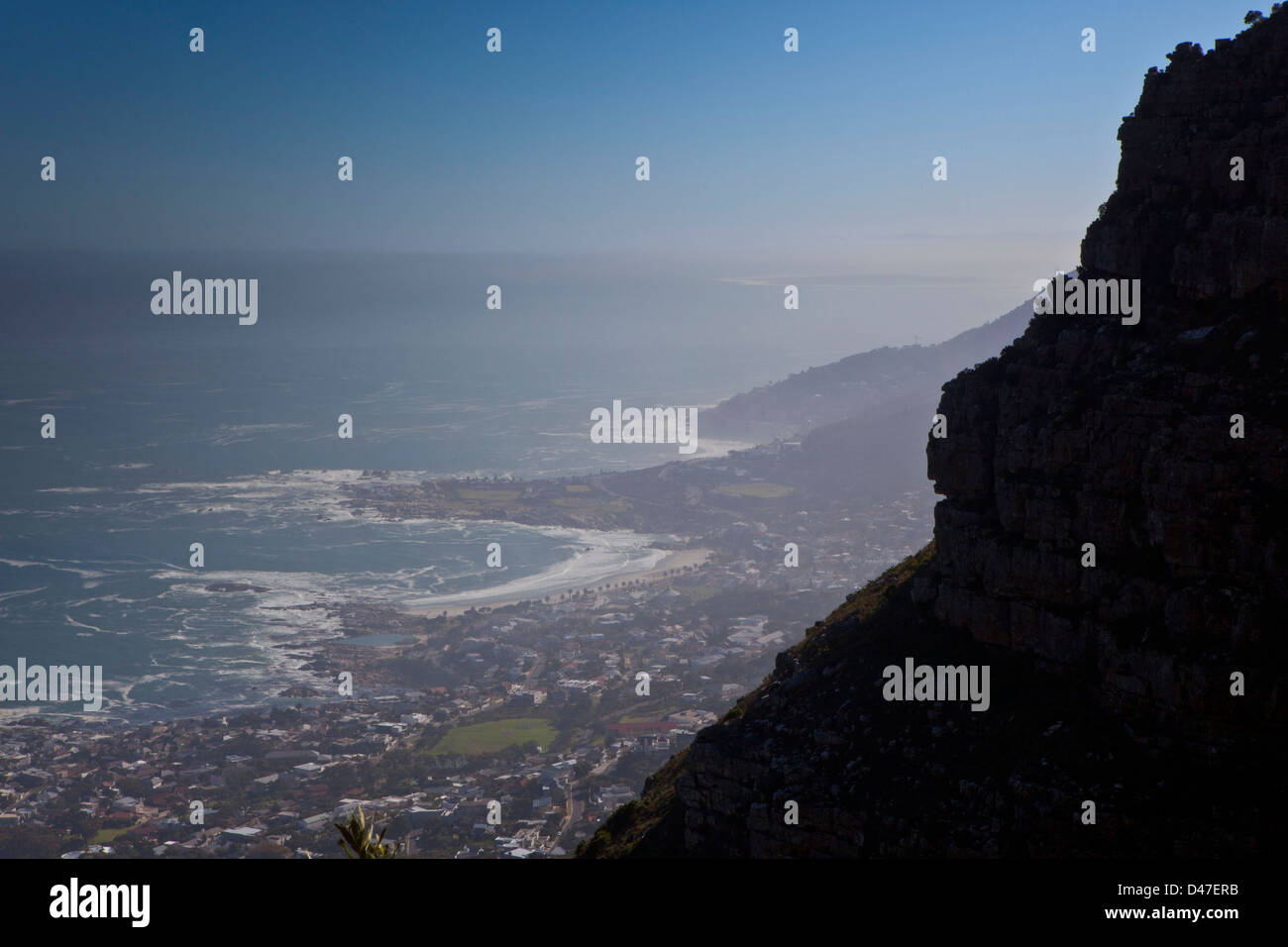 View of Camps Bay and Lions head from Table Mountain, Cape Town, South Africa. Stock Photo