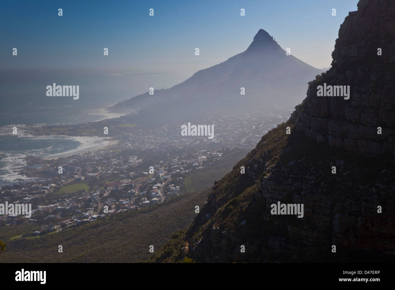 View of Camps Bay and Lions head from Table Mountain, Cape Town, South Africa. Stock Photo