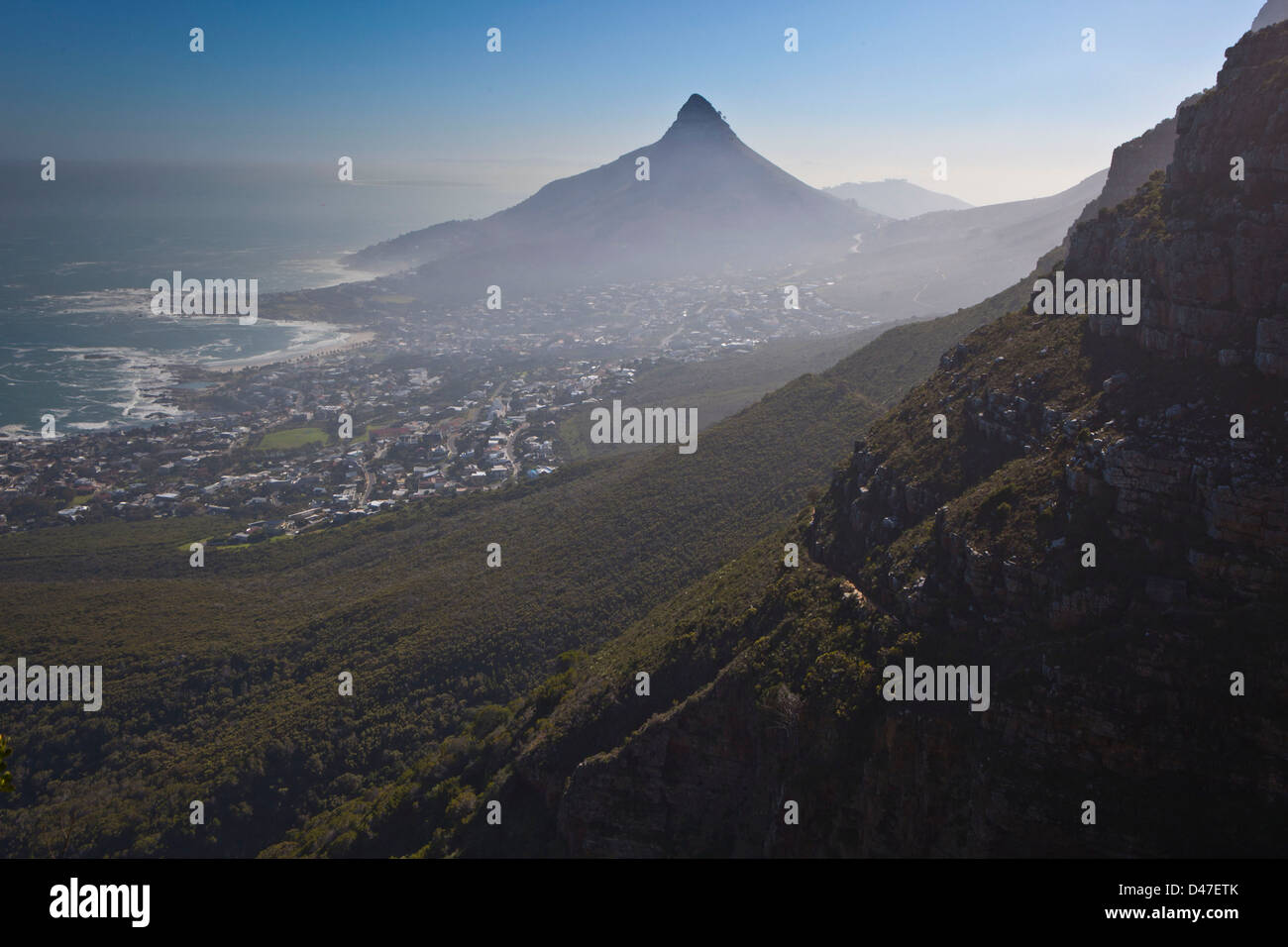 View of Camps Bay and Lions head from Table Mountain, Cape Town, South Africa. Stock Photo