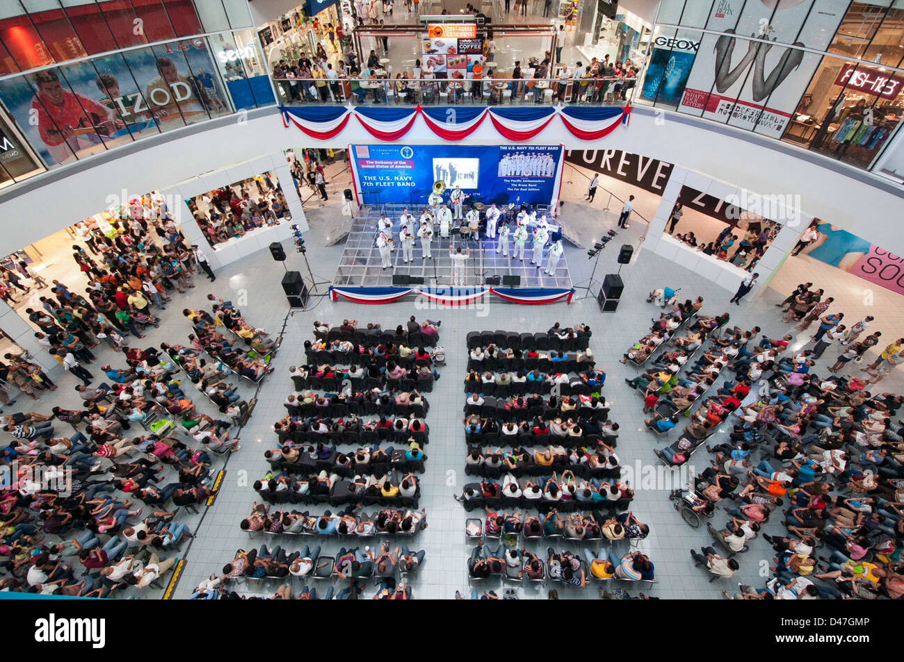 Members of the U.S. 7th Fleet Band, Pacific Ambassadors, perform for more than 3,600 people at SM City North ESDA Supermall. Stock Photo