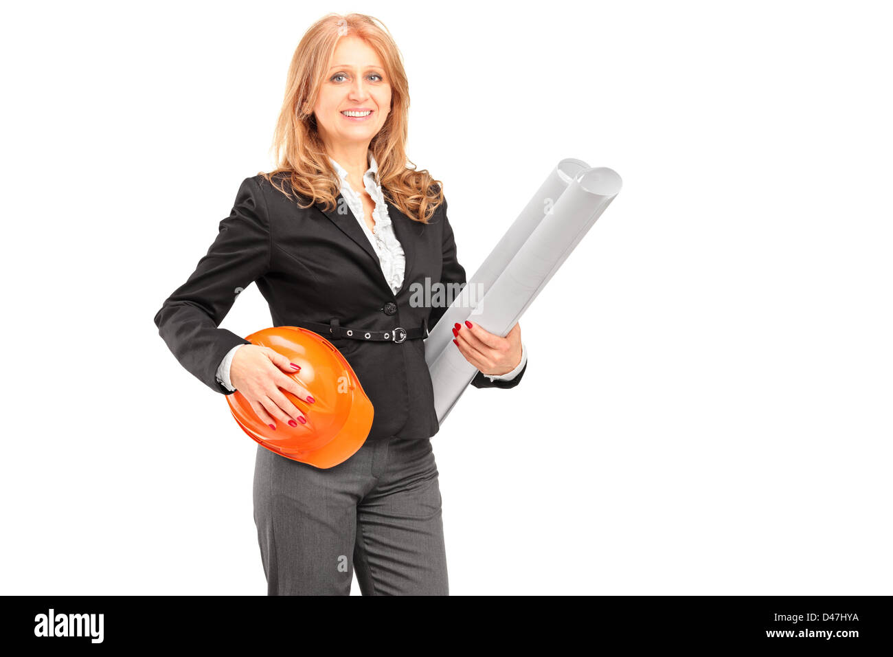 Female architect holding a blueprint and a helmet isolated on white background Stock Photo