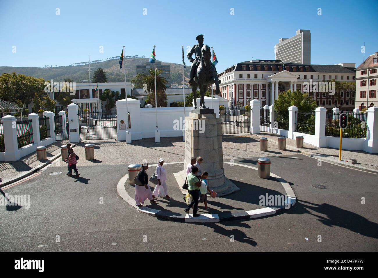 Parliament buildings Cape Town South Africa On horse back a statue of Lovis Botha Stock Photo