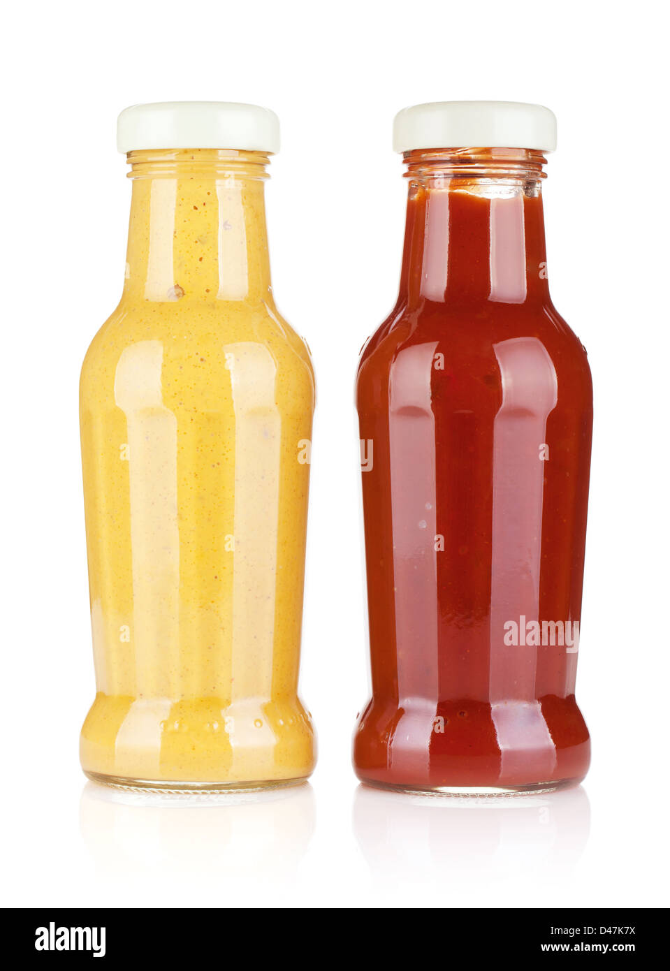 Mustard and ketchup glass bottles. Isolated on white background Stock