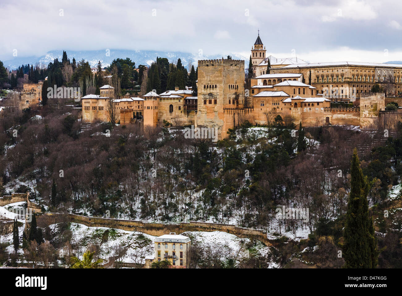 Alhambra palace snowcapped in winter. Granada, Andalusia, Spain Stock