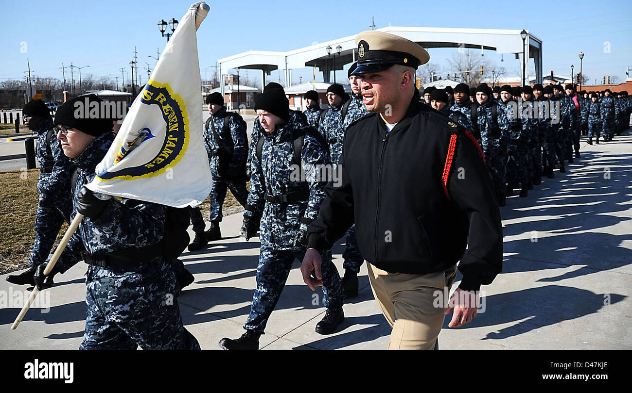 A recruit division commander marches recruits. Stock Photo