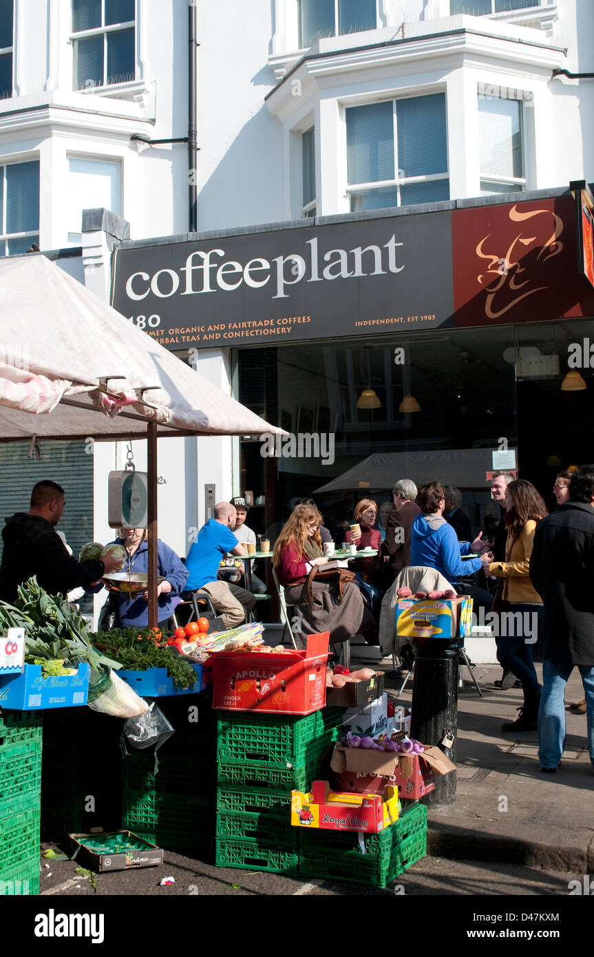 CoffeePlant Cafe and Portobello Road vegetable market, Notting Hill, London, UK Stock Photo