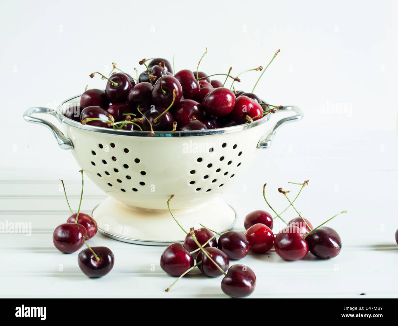 Freshly picked heap of cherries in colander. Stock Photo