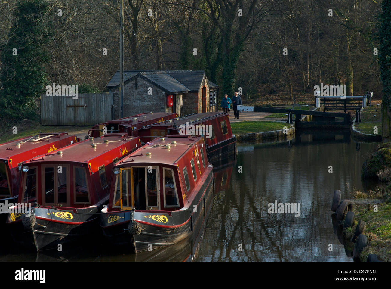Canal basin and narrowboats at Llangynidr, on the Monmouthshire and Brecon Canal, Powys, Mid-Wales, UK Stock Photo