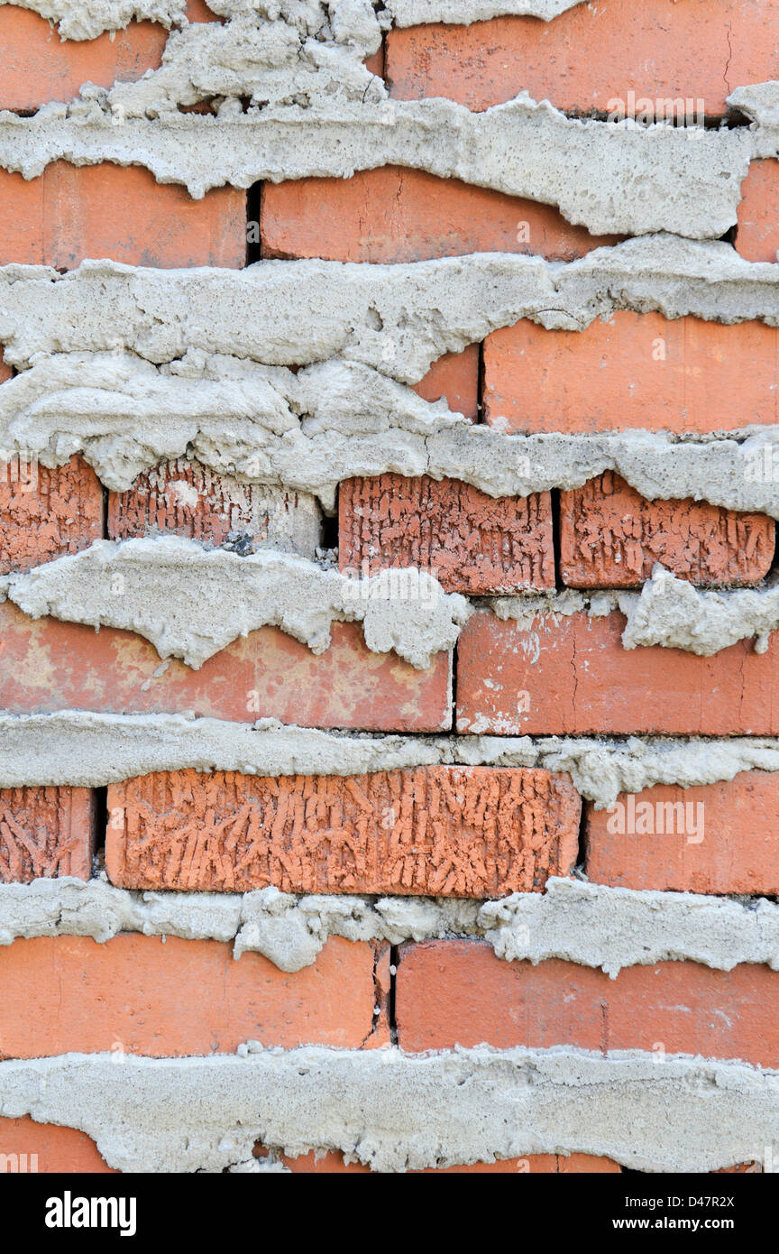 Brick wall background with sloppy overflowing mortar joints, back side of a  finished wall Stock Photo - Alamy