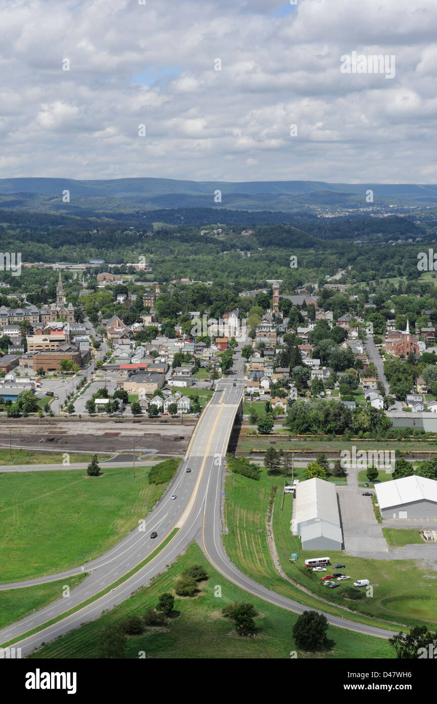 American mountain town in summer sunlight, aerial high angle view, Hollidaysburg, PA, Pennsylvania, USA. Stock Photo