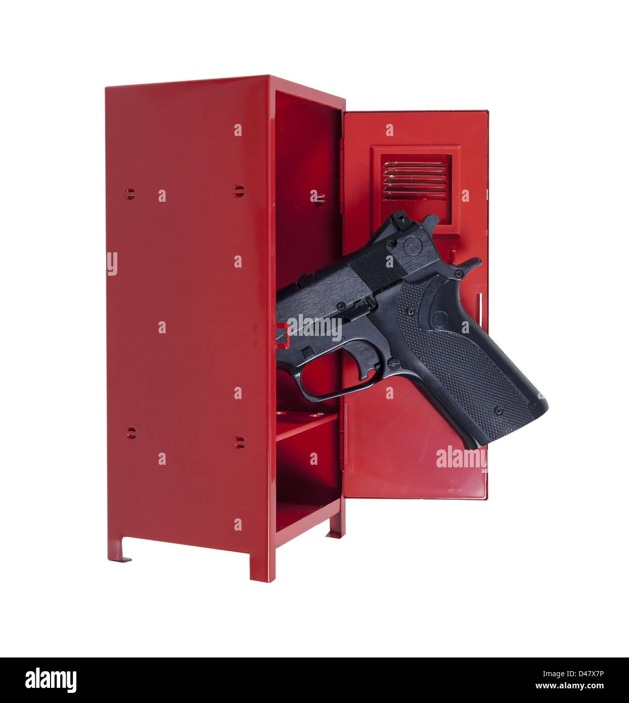 Handgun in a red metal locker with dramatic lighting - path included Stock Photo