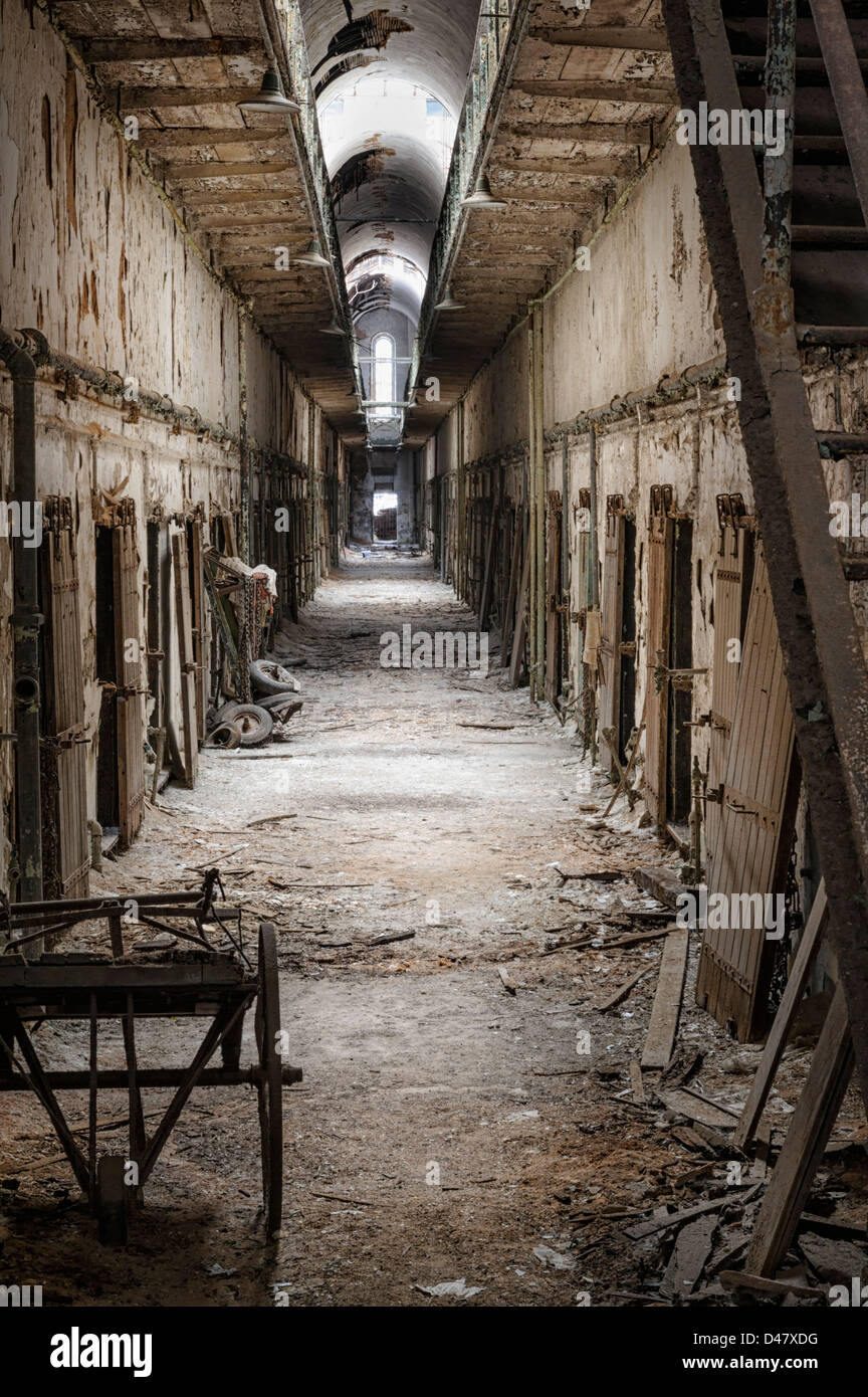Prison cell block in abandoned bad condition, empty and old, Eastern State Penitentiary, Philadelphia, PA, USA. Stock Photo