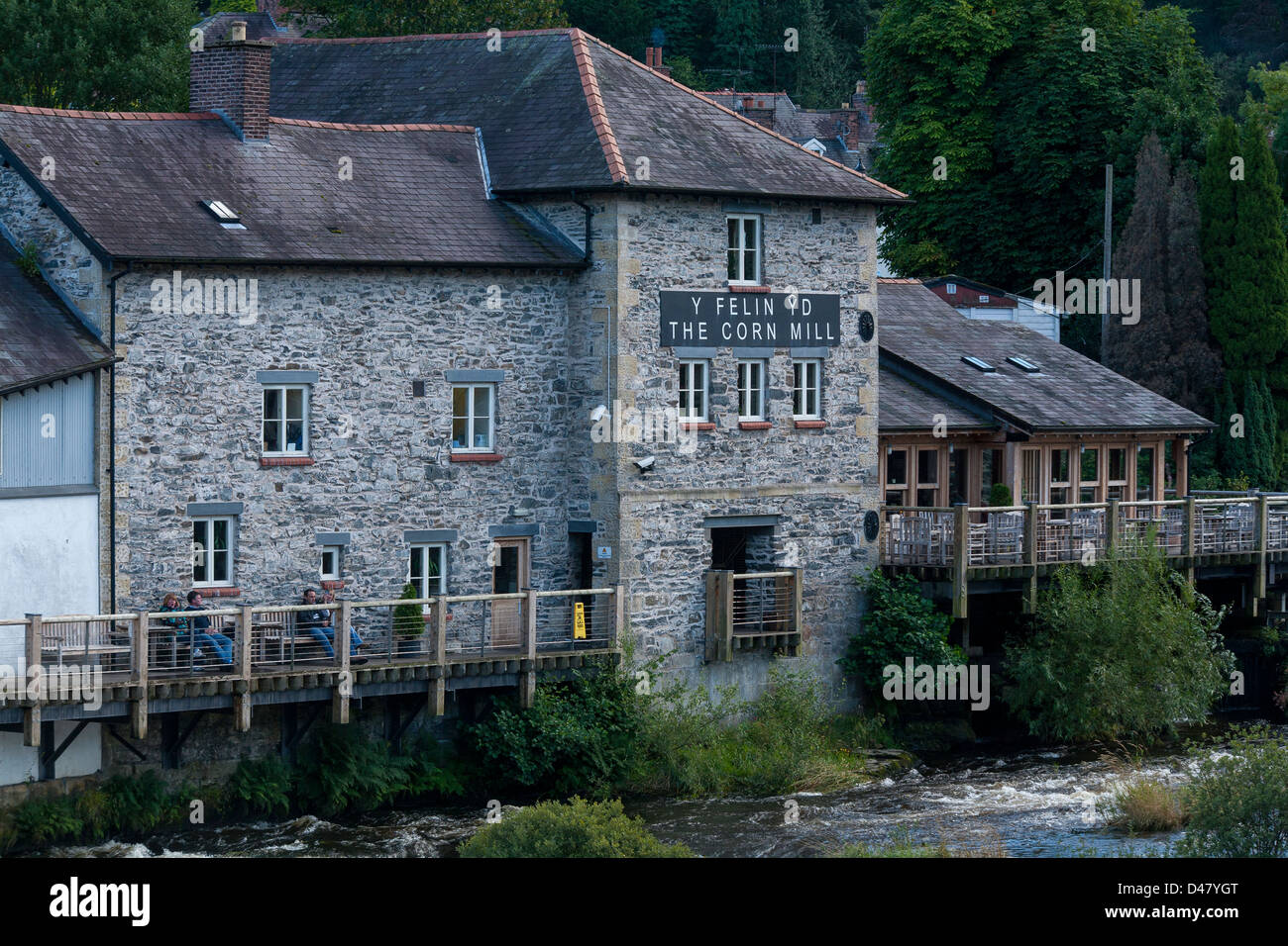 The Corn Mill restaurant on the banks of river Dee in Llangollen in North Wales Stock Photo
