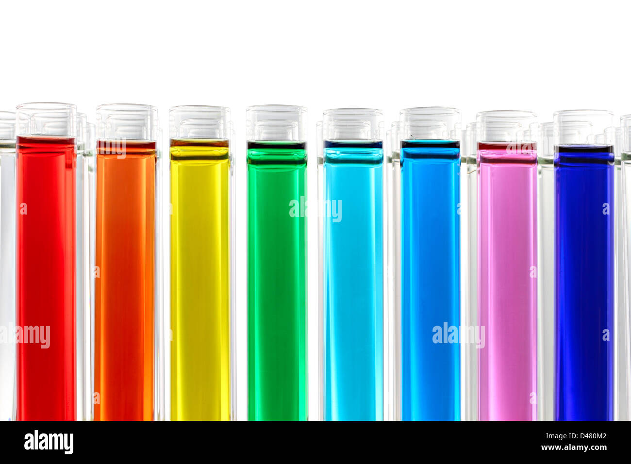 test tubes with liquids in rainbow colors Stock Photo