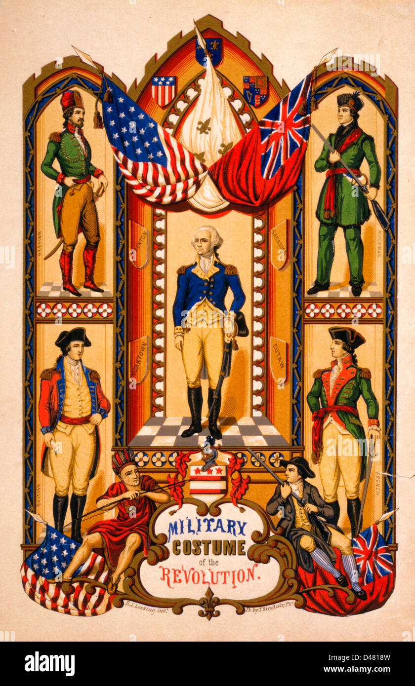 Military costume of the Revolution - George Washington, full-length portrait,  surrounded by four soldiers in Hessian, British, and French uniforms; a man holding a rifle; a Native American holding a bow, and American and British flags. Stock Photo