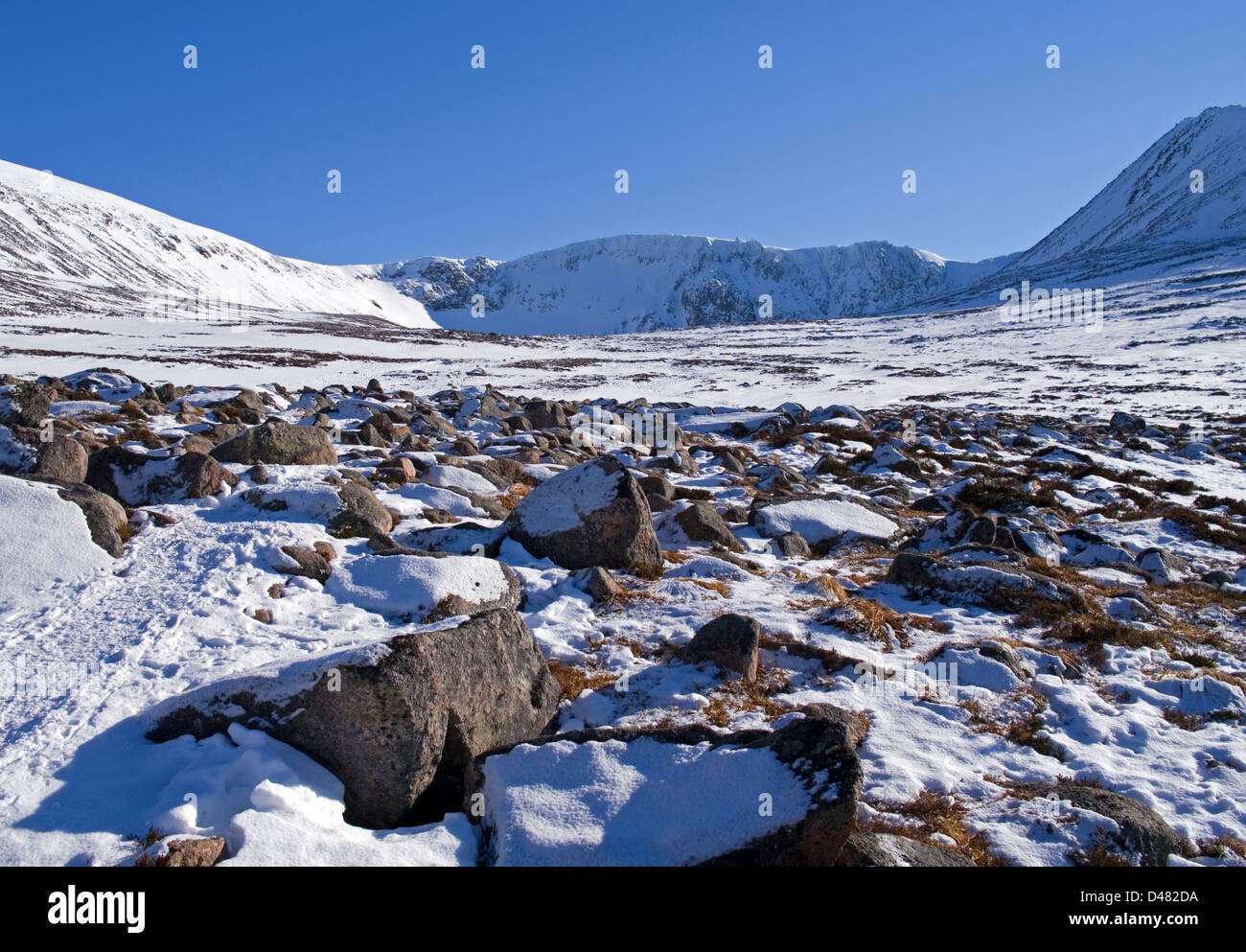 View towards Coire an t-Sneachda in snow,  Northern Corries, Cairngorms National Park, Scottish Highlands, winter, Scotland UK Stock Photo