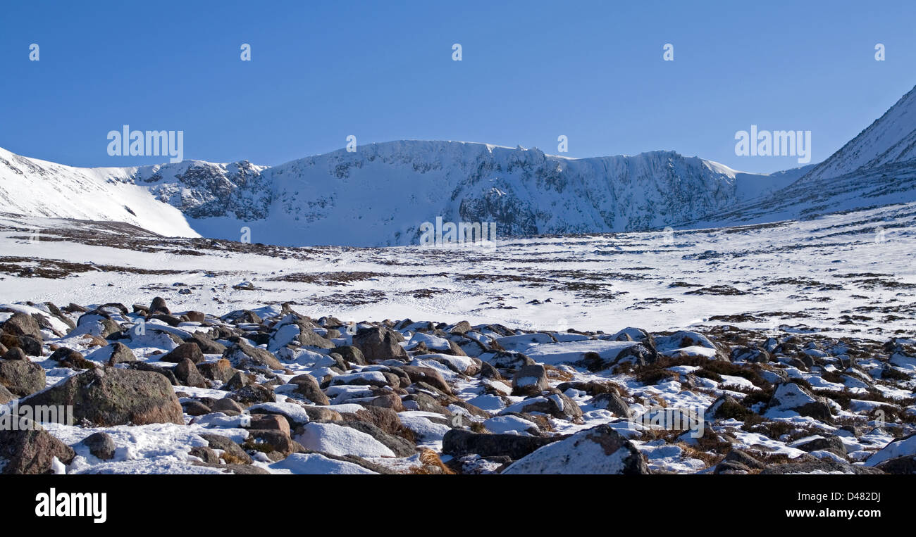 View towards Coire an t-Sneachda in snow,  Northern Corries, Cairngorms National Park, Scottish Highlands, winter, Scotland UK Stock Photo