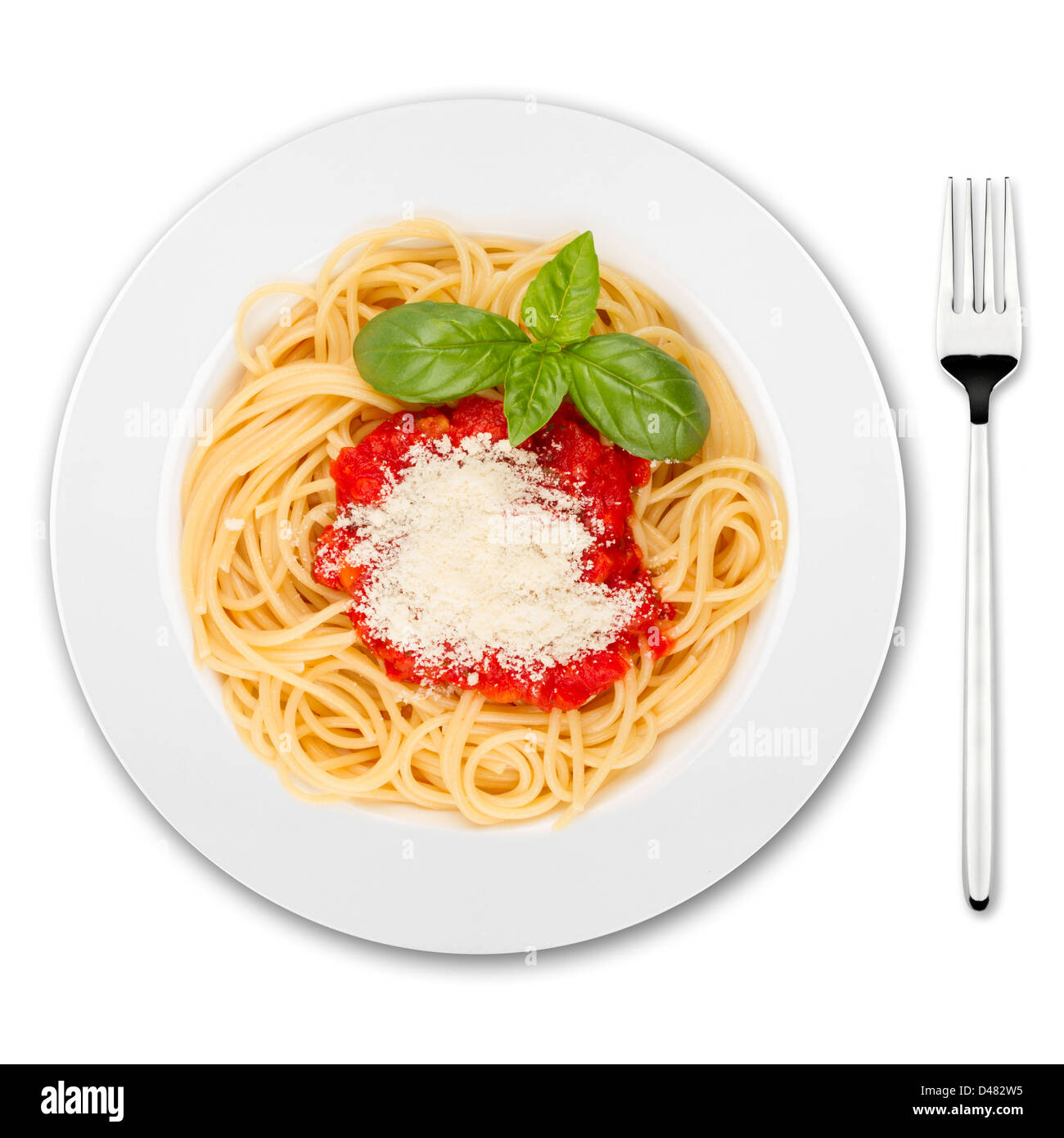 plate with spaghetti, sauce and basil on white background Stock Photo