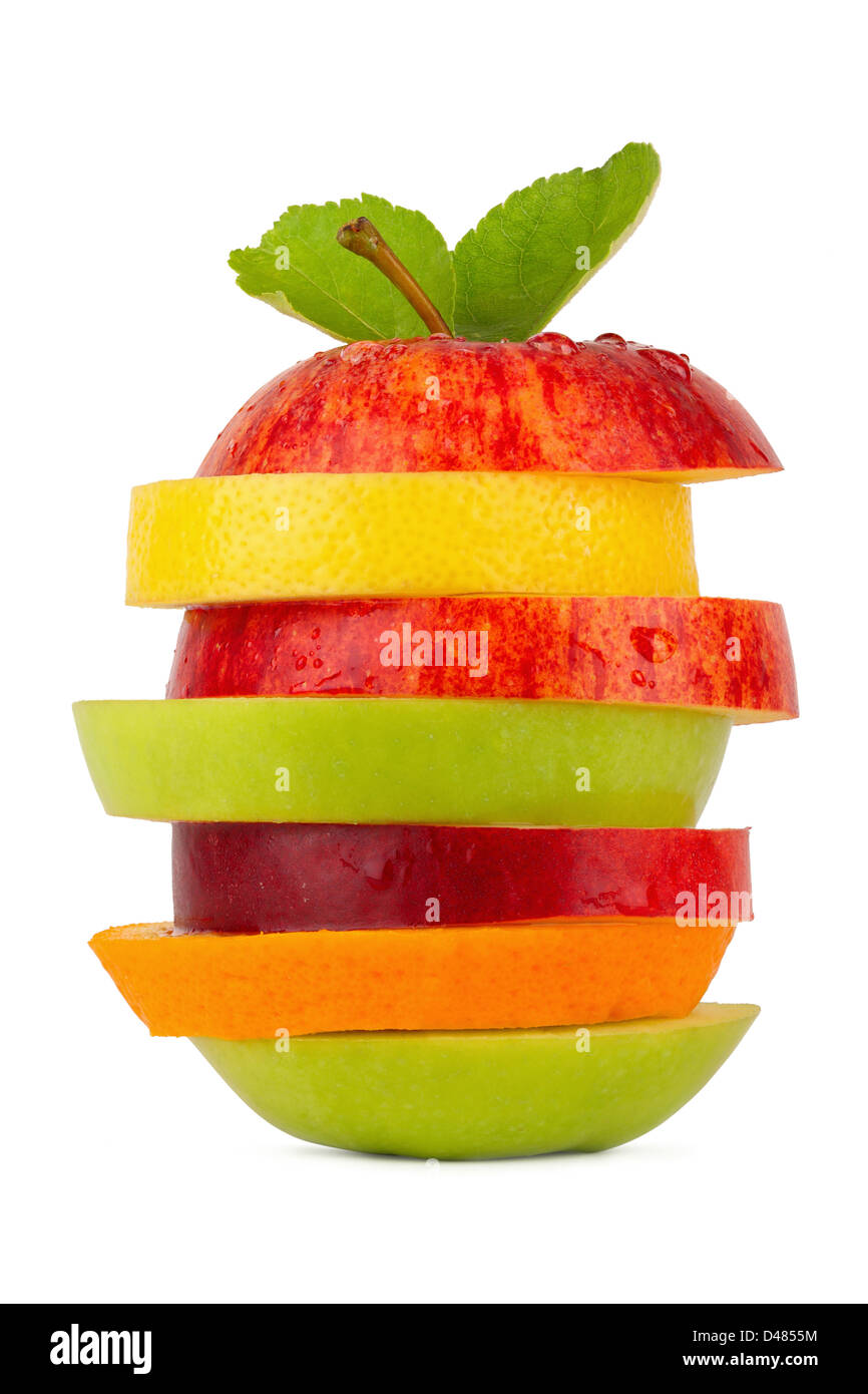 stack of different fruit slices on white background Stock Photo