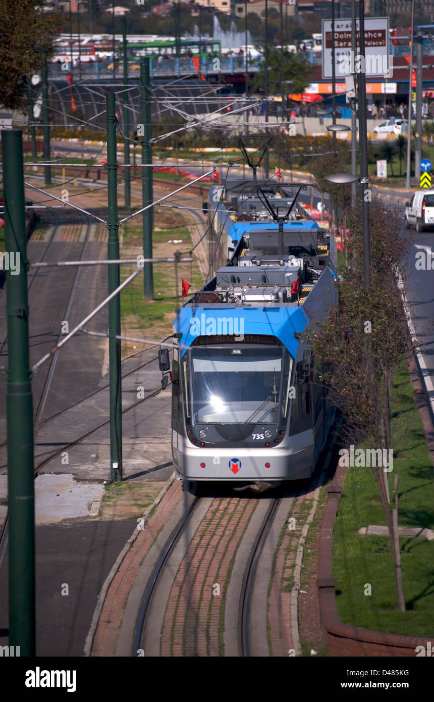 Fast Tram on Line T1 in Istanbul. Taken from a bridge over the tracks in the district on Eminonu Stock Photo