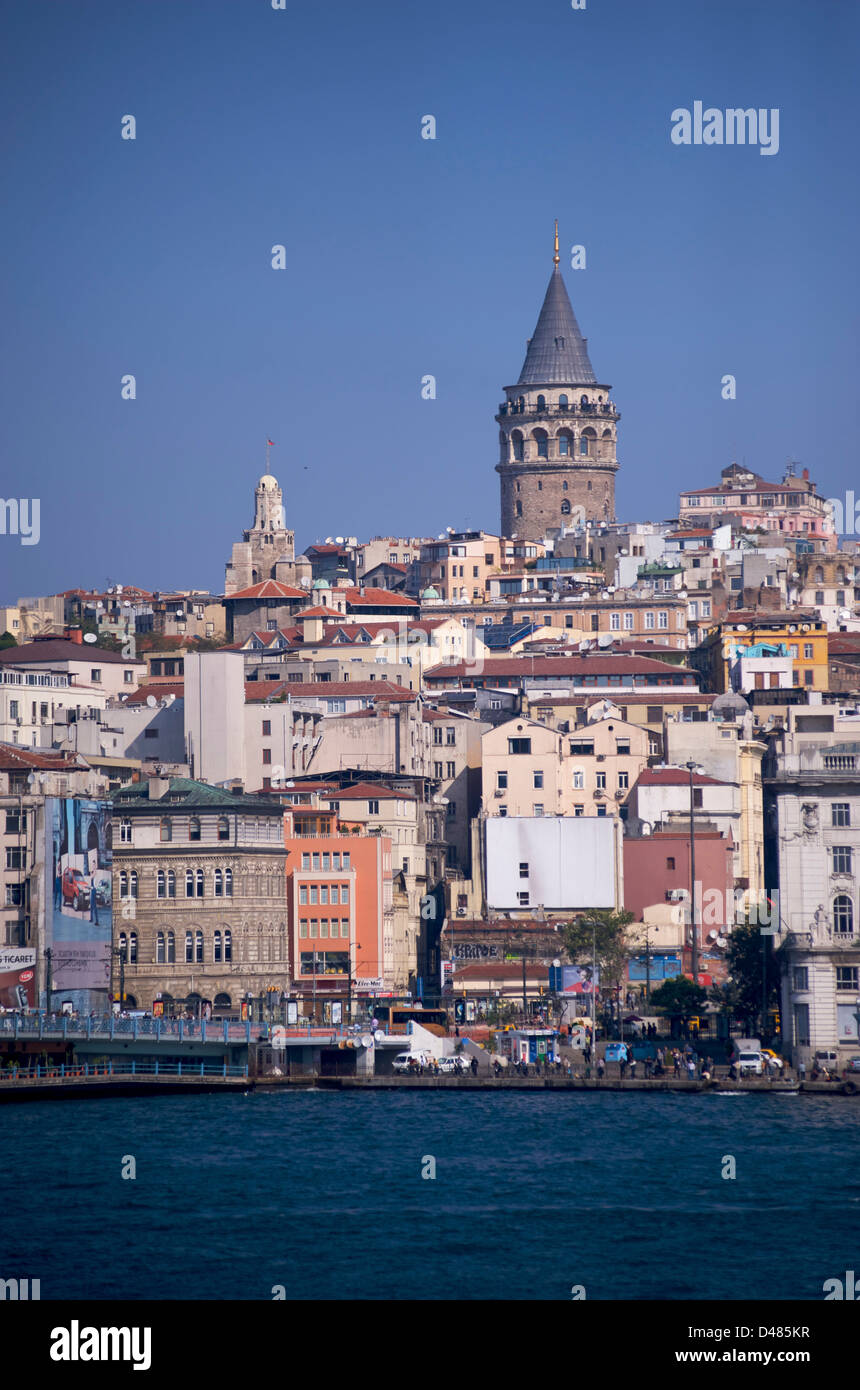 The Galata Tower as seen from across the Golden horn in Istanbul Turkey Stock Photo