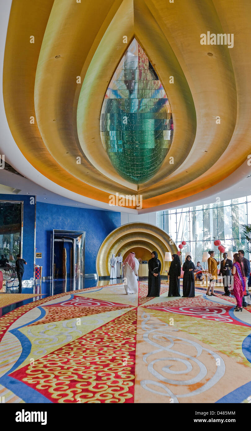 Dubai, the colored reception hall of the luxury Burj Al Arab hotel