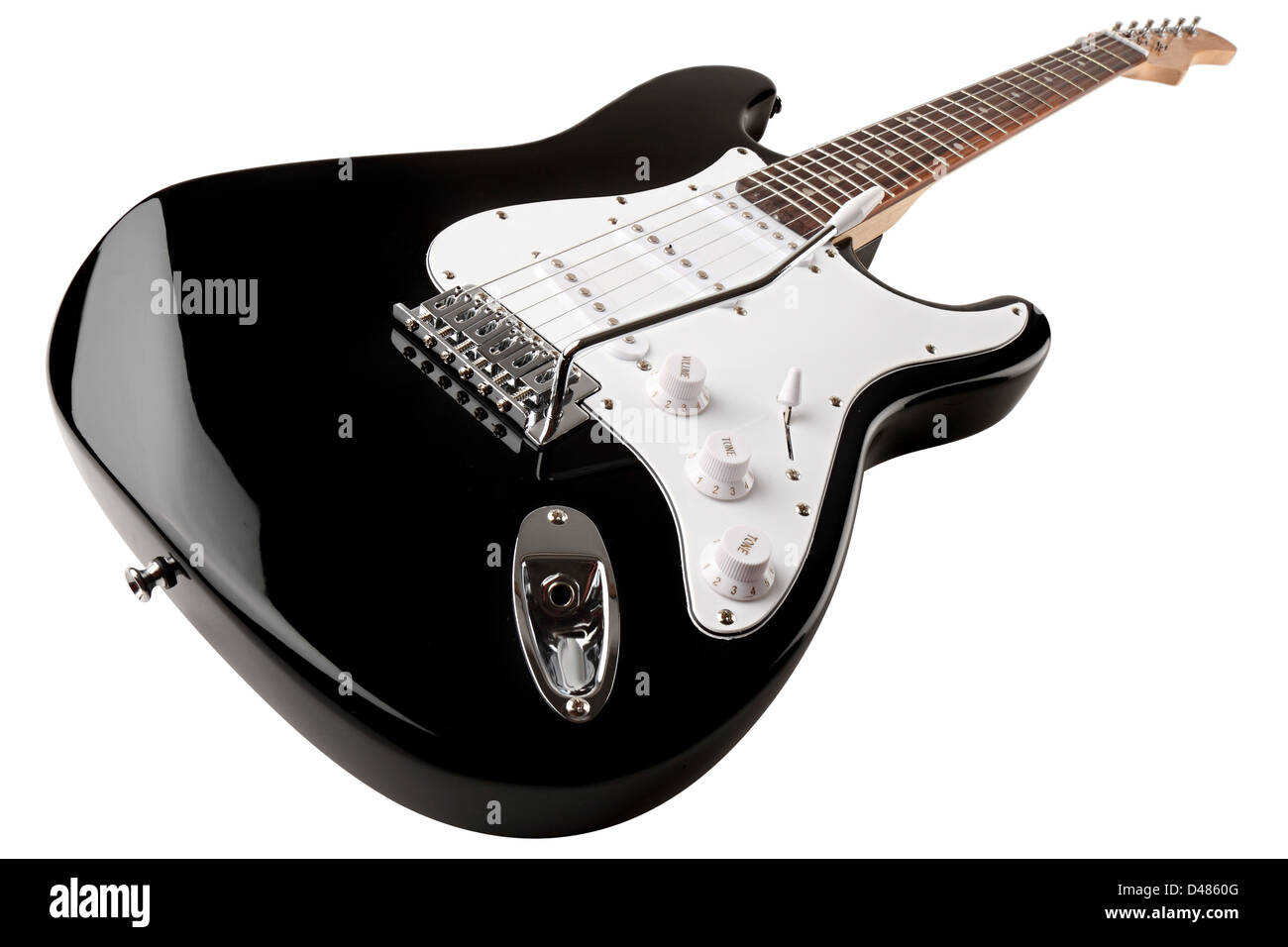 black white electric guitar in front of white background Stock Photo