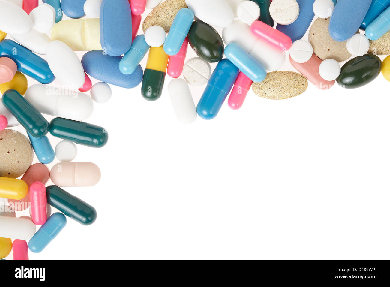 Pills and colorful capsules frame, border Stock Photo