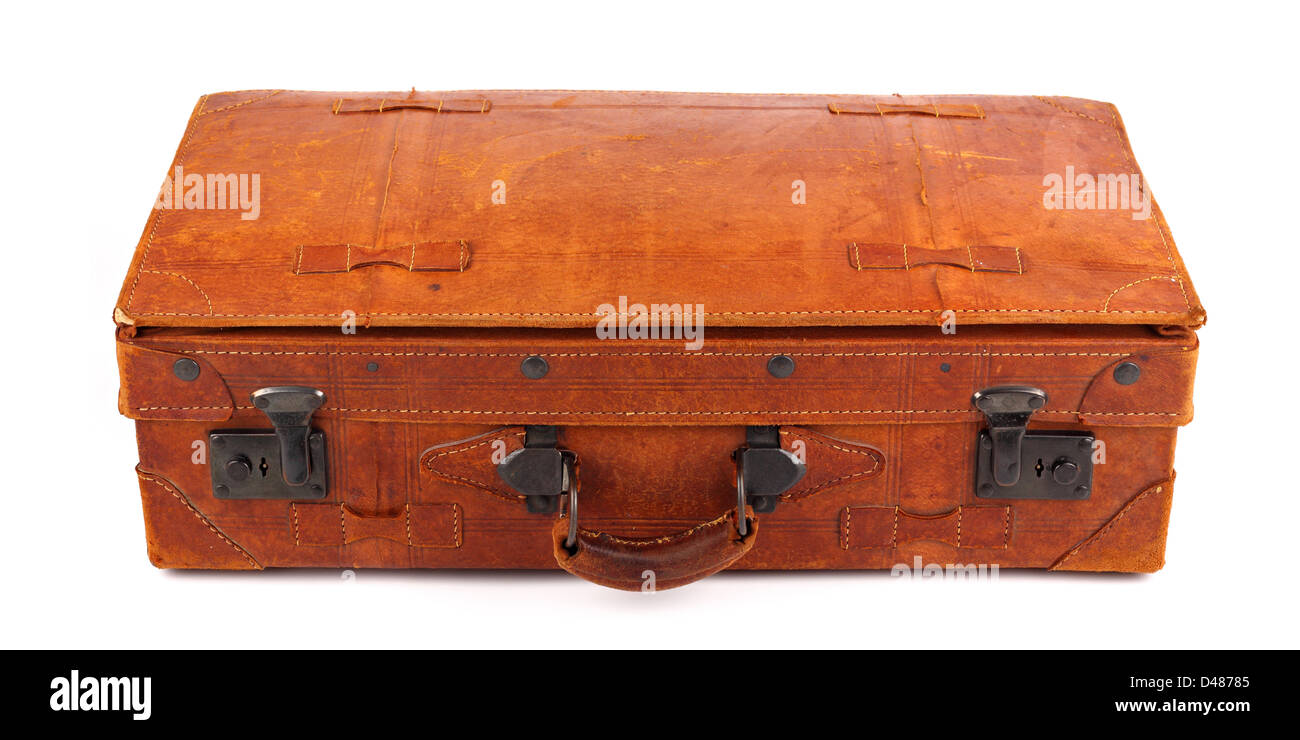 An old leather suitcase on white background Stock Photo