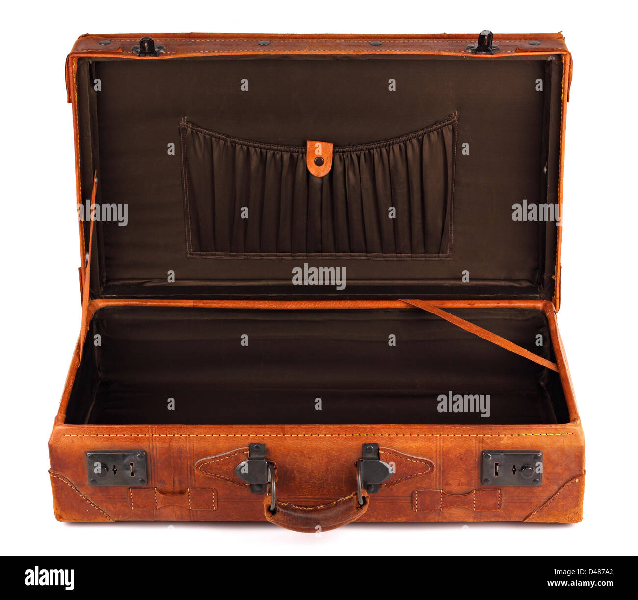 An old leather opened suitcase on white background Stock Photo