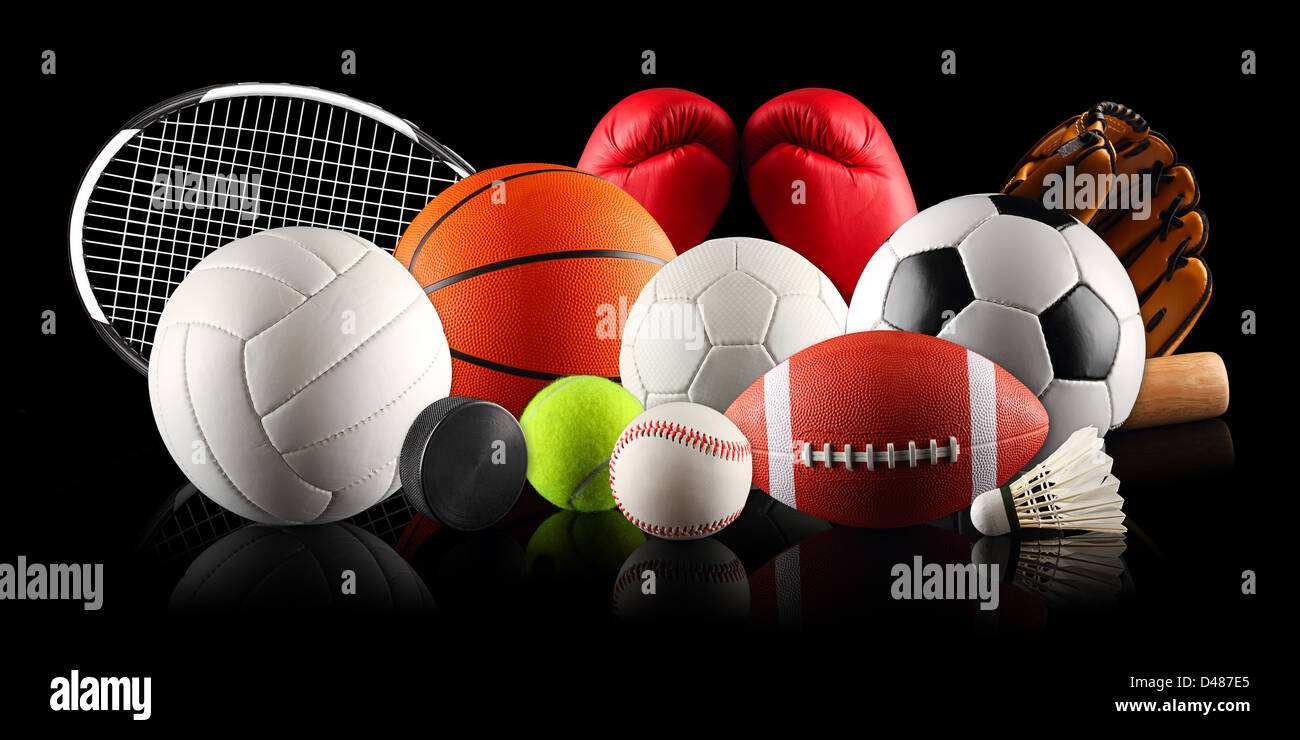 a set of different sport equipment and balls Stock Photo Alamy