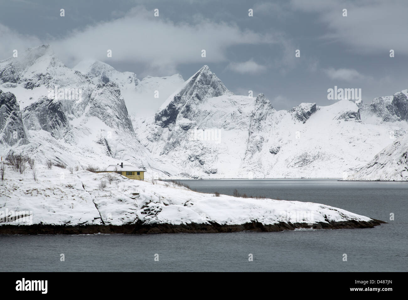 A traditional Norwegian house beside ReineFjorden on the Lofoten