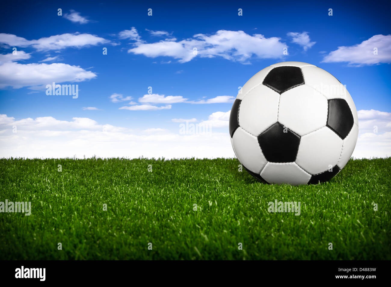 a soccerball on a green meadow in front of blue sky Stock Photo