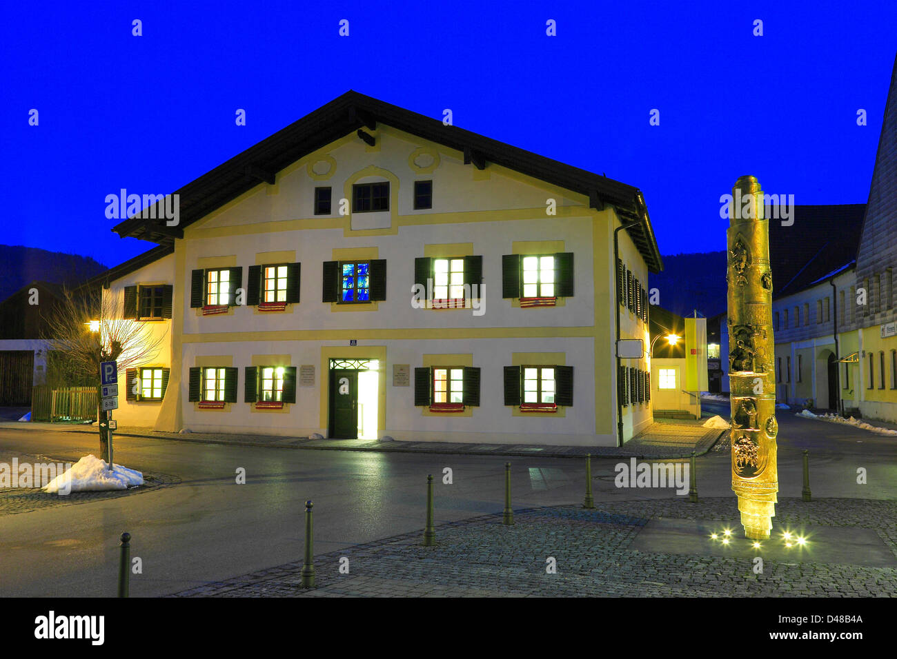 External view of the house in which Joseph Ratzinger was born in the Bavarian village Marktl. The image was taken just hours before his retirement from his Pontificate as Pope Benedict XVI. Stock Photo