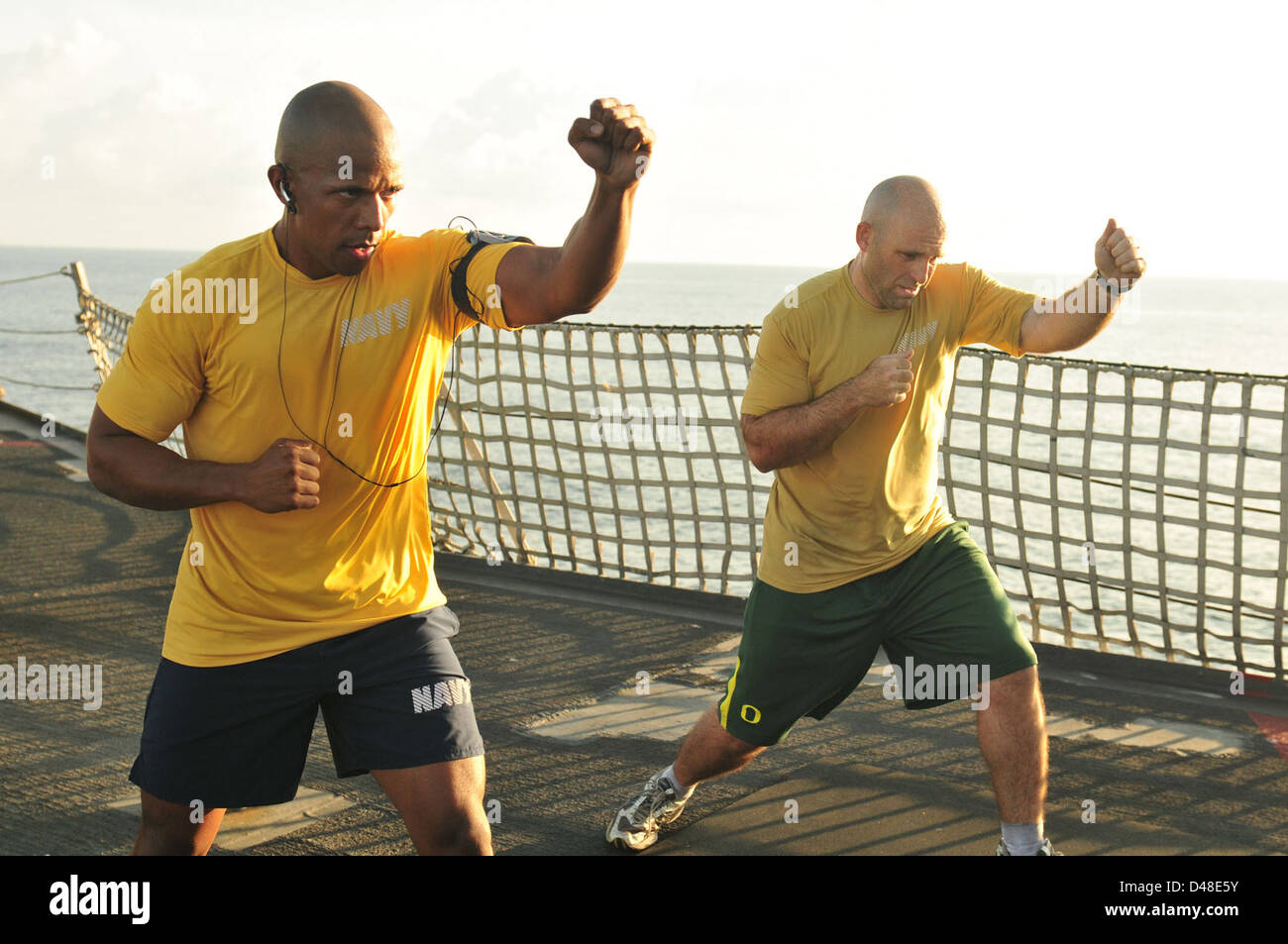 Chiefs work out aboard USS Gary. Stock Photo