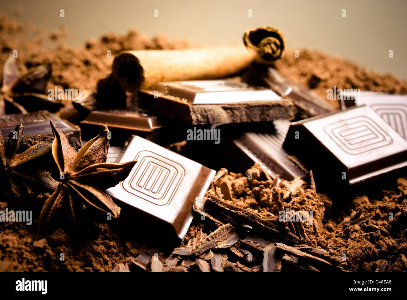 chocolate and cocoa powder with anise and cinnamon spices Stock Photo