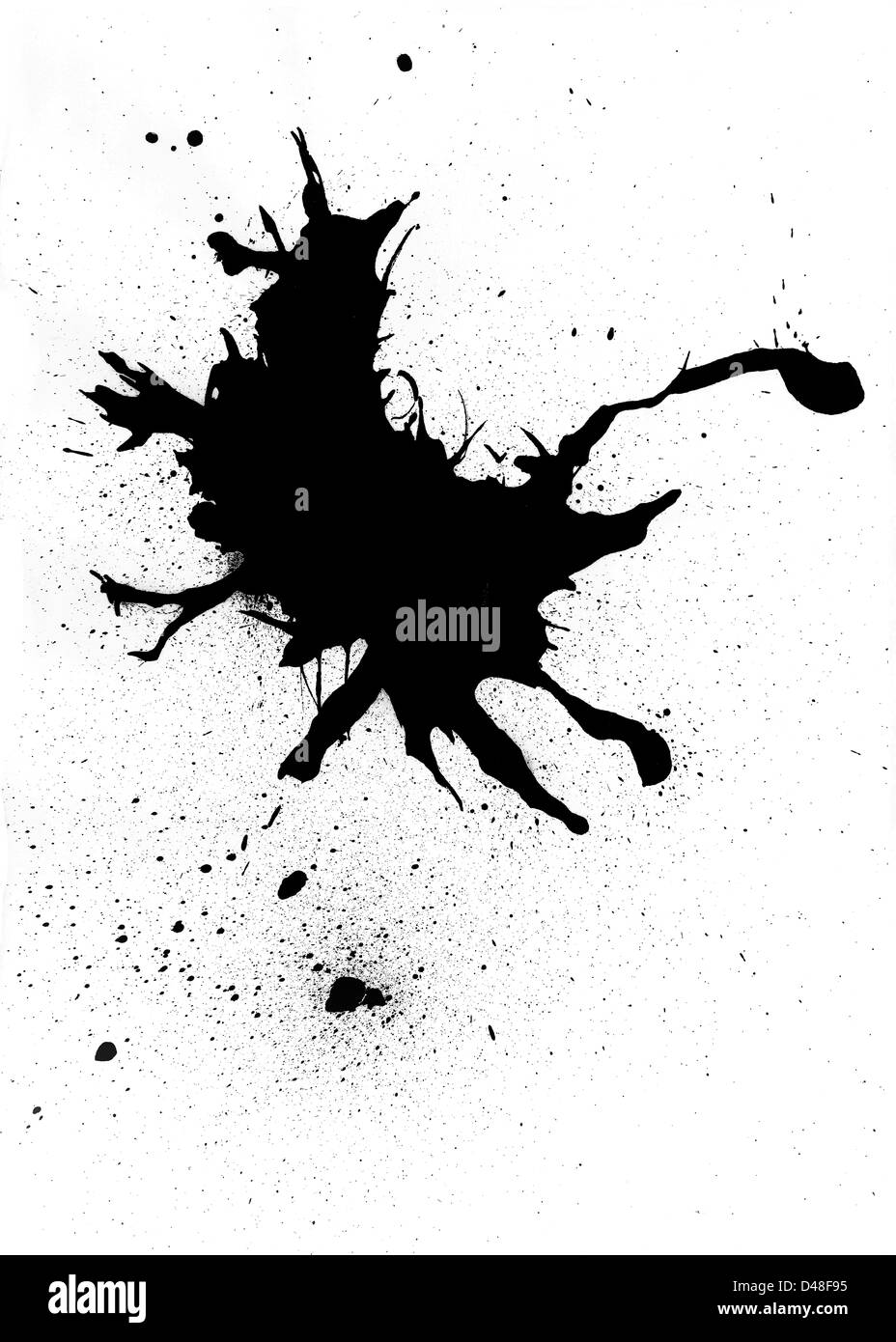 Black ink blob abstract design with splatter Stock Photo
