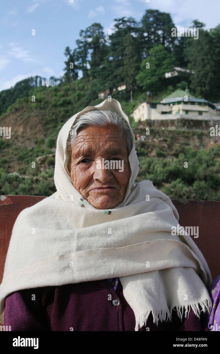 Old Garhwali woman taking a rest in Landour. Stock Photo