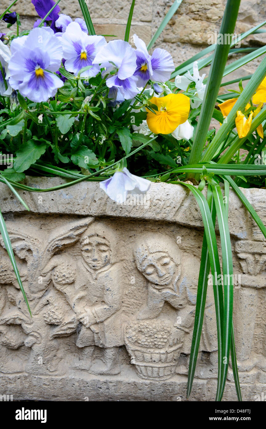 Flowers in a fake medieval flower pot. Cordes, Tarn, France Stock Photo