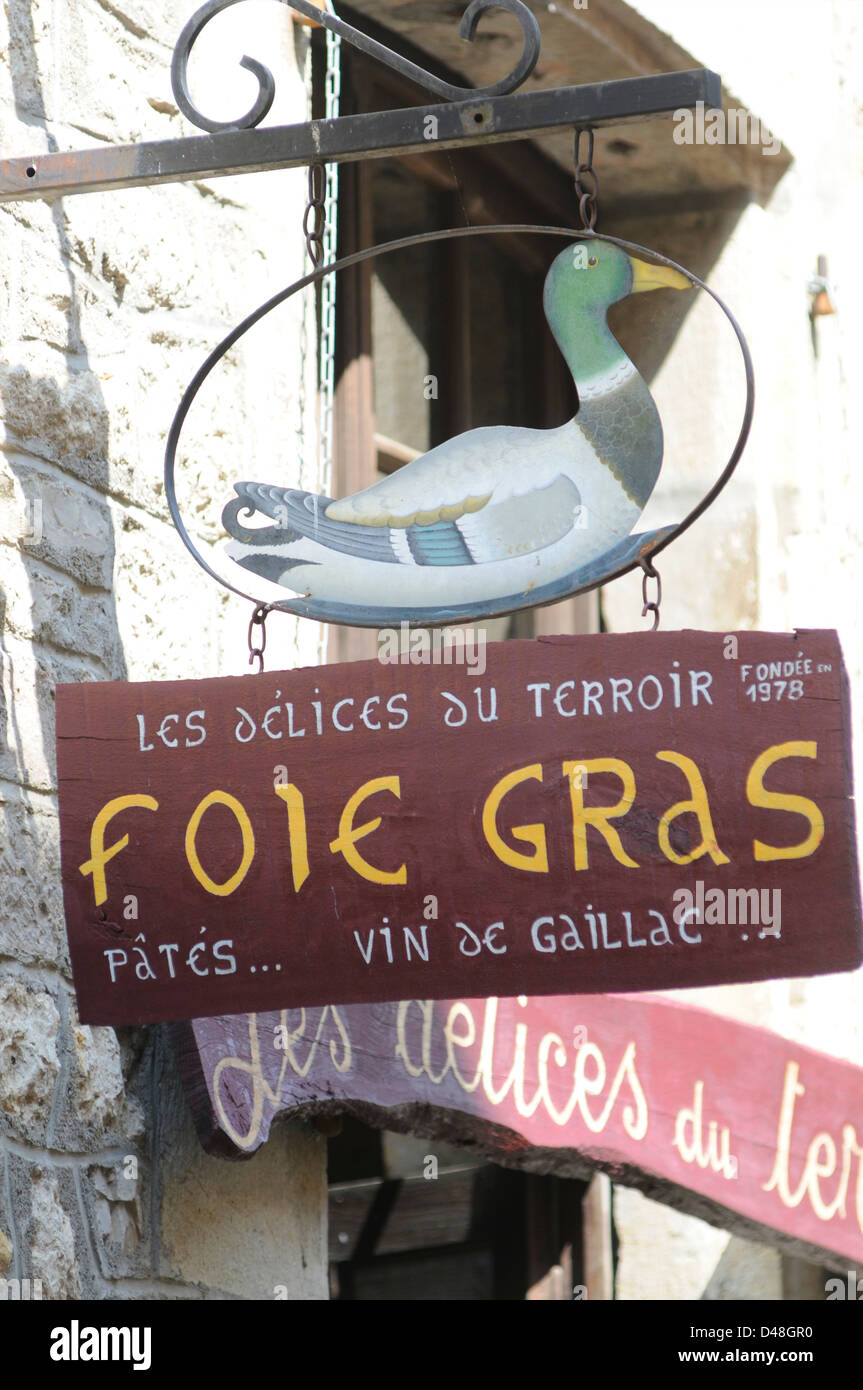 Sign for a shop selling Foie Gras paté (duck liver paté) and local Gaillac wines. Cordes, Tarn, France Stock Photo