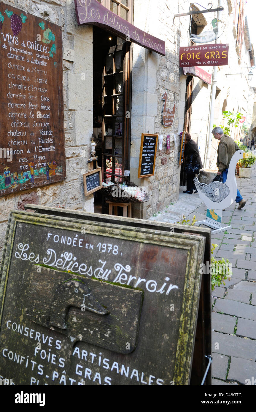 Signs out side a shop selling Foie Gras paté (duck liver paté) and local Gaillac wines. Cordes, Tarn, France Stock Photo