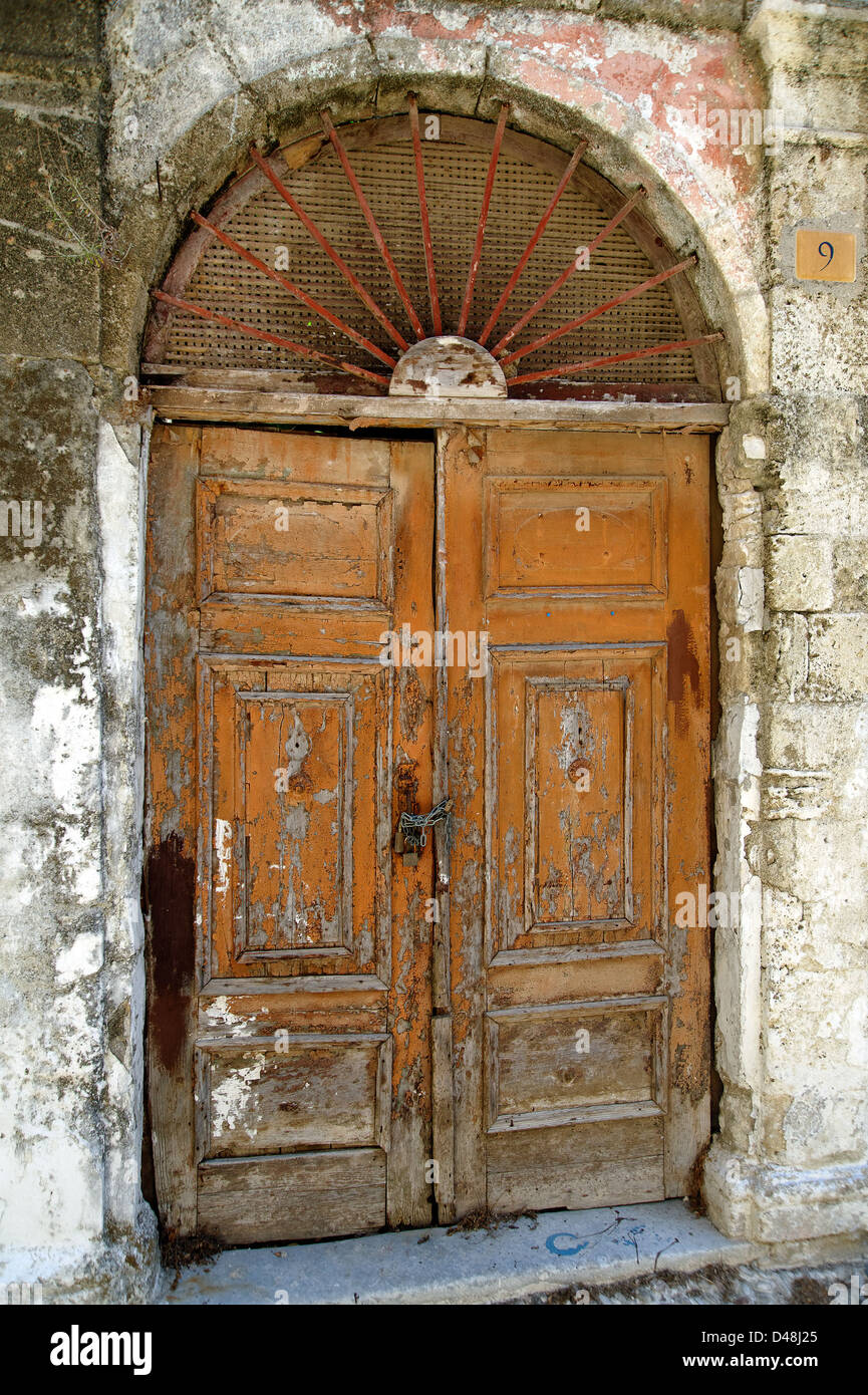 Old wooden doorway, Rhodes, Greece Stock Photo