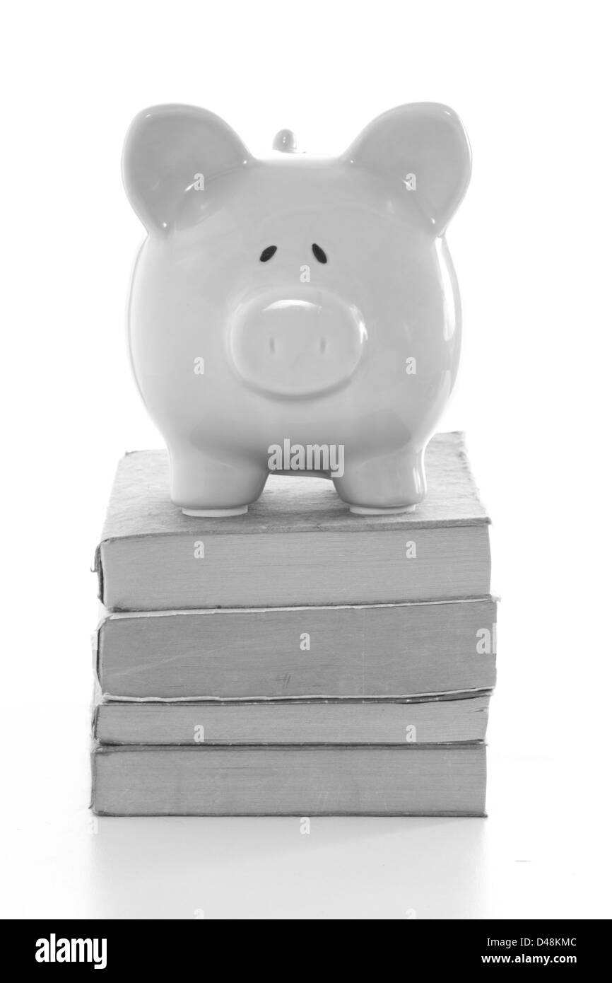 Piggy bank standing on stack of books in black and white Stock Photo