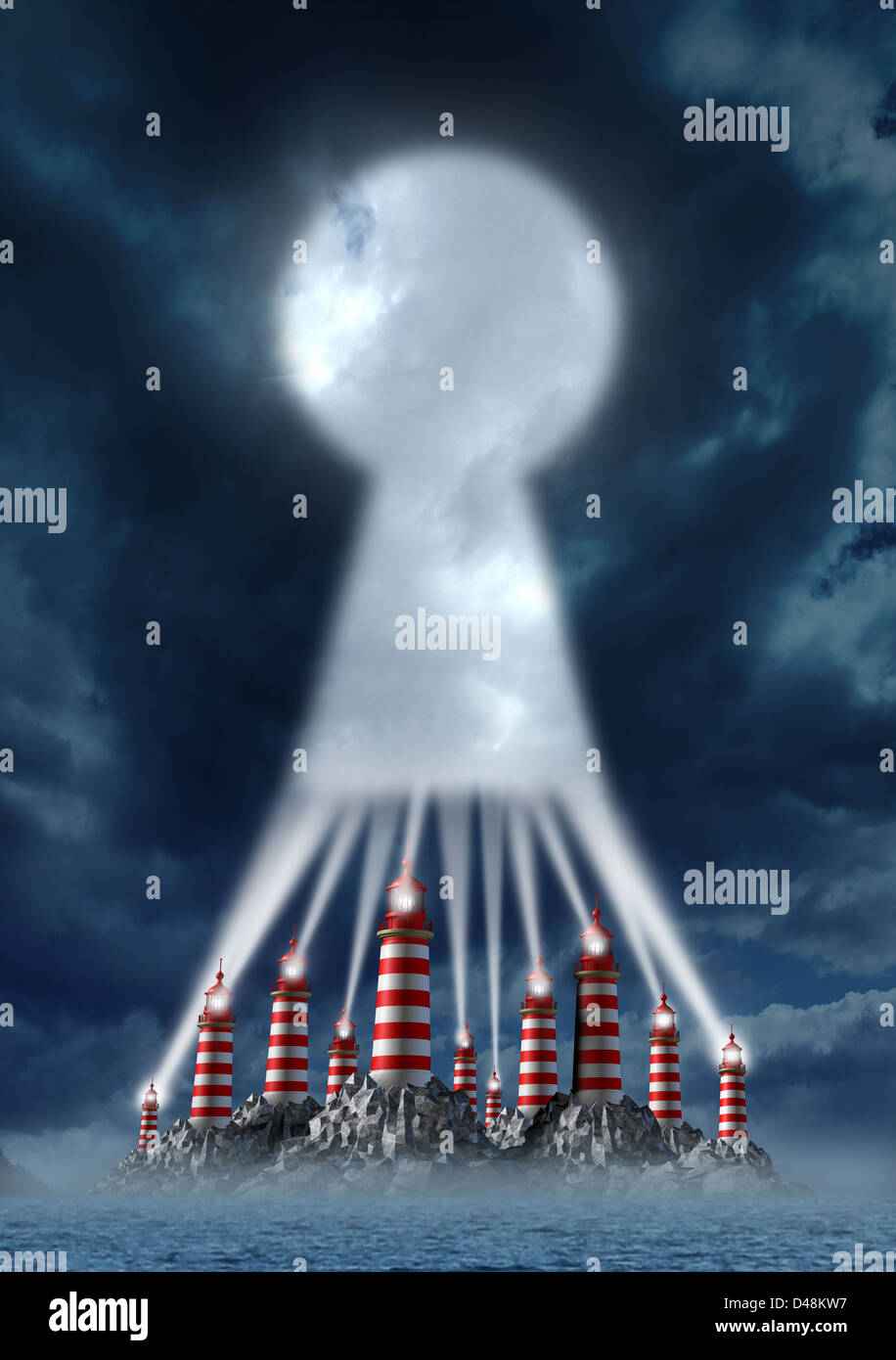 Direction key business concept with a group of lighthouse towers working together as a team of beaming lights merging in solidarity to form a shape of a keyhole as a symbol of team solutions to challenges. Stock Photo