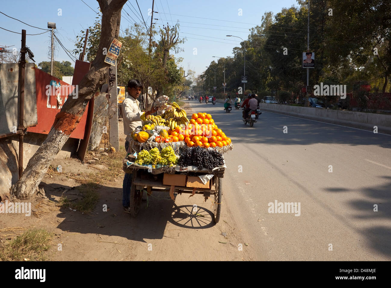A roadside fruit vendor with grapes oranges and bananas in Amritsar Punjab India Stock Photo