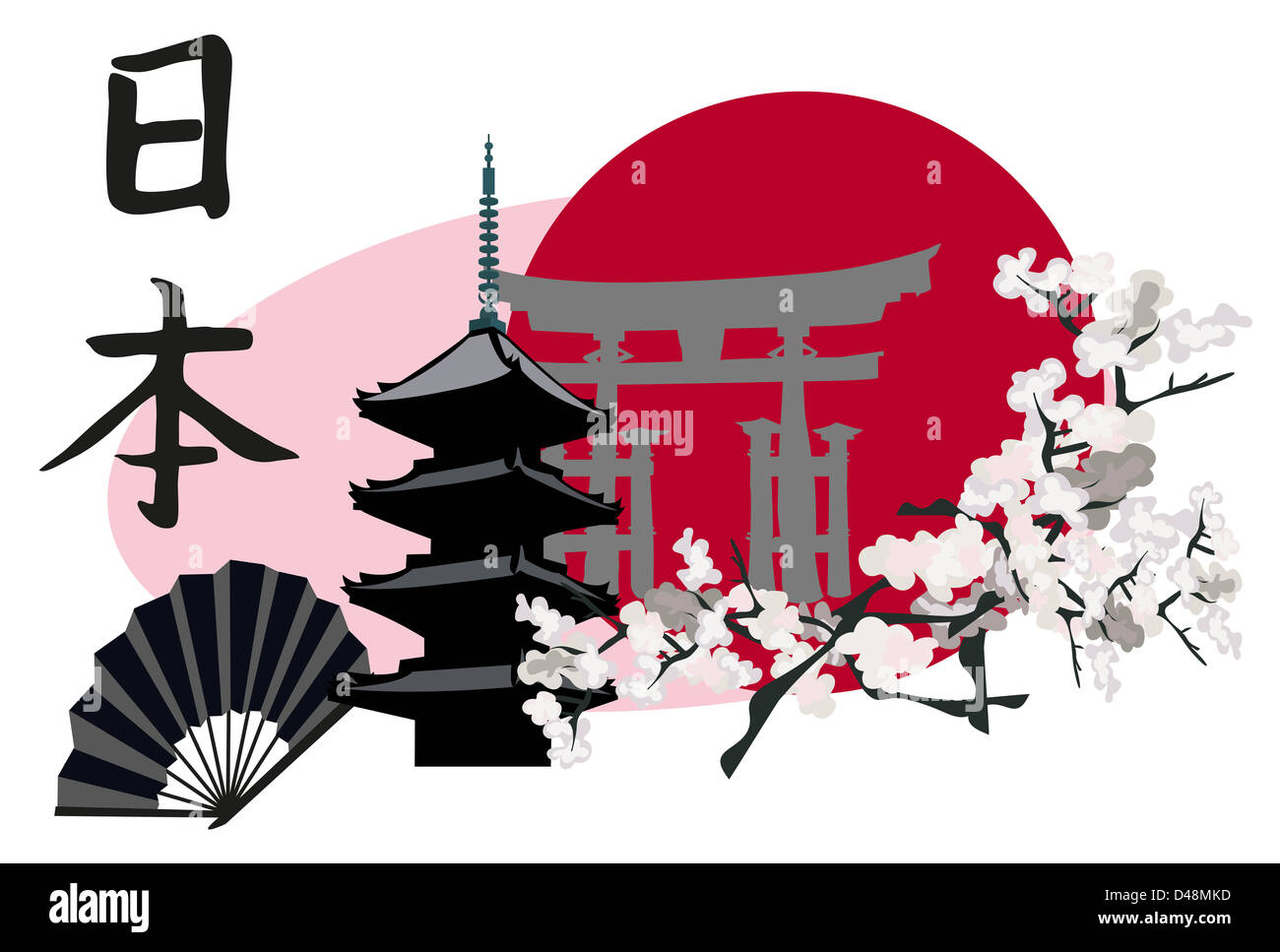 Ilustration with Japanese Landmarks; Pagoda and Torii Gate Stock Photo