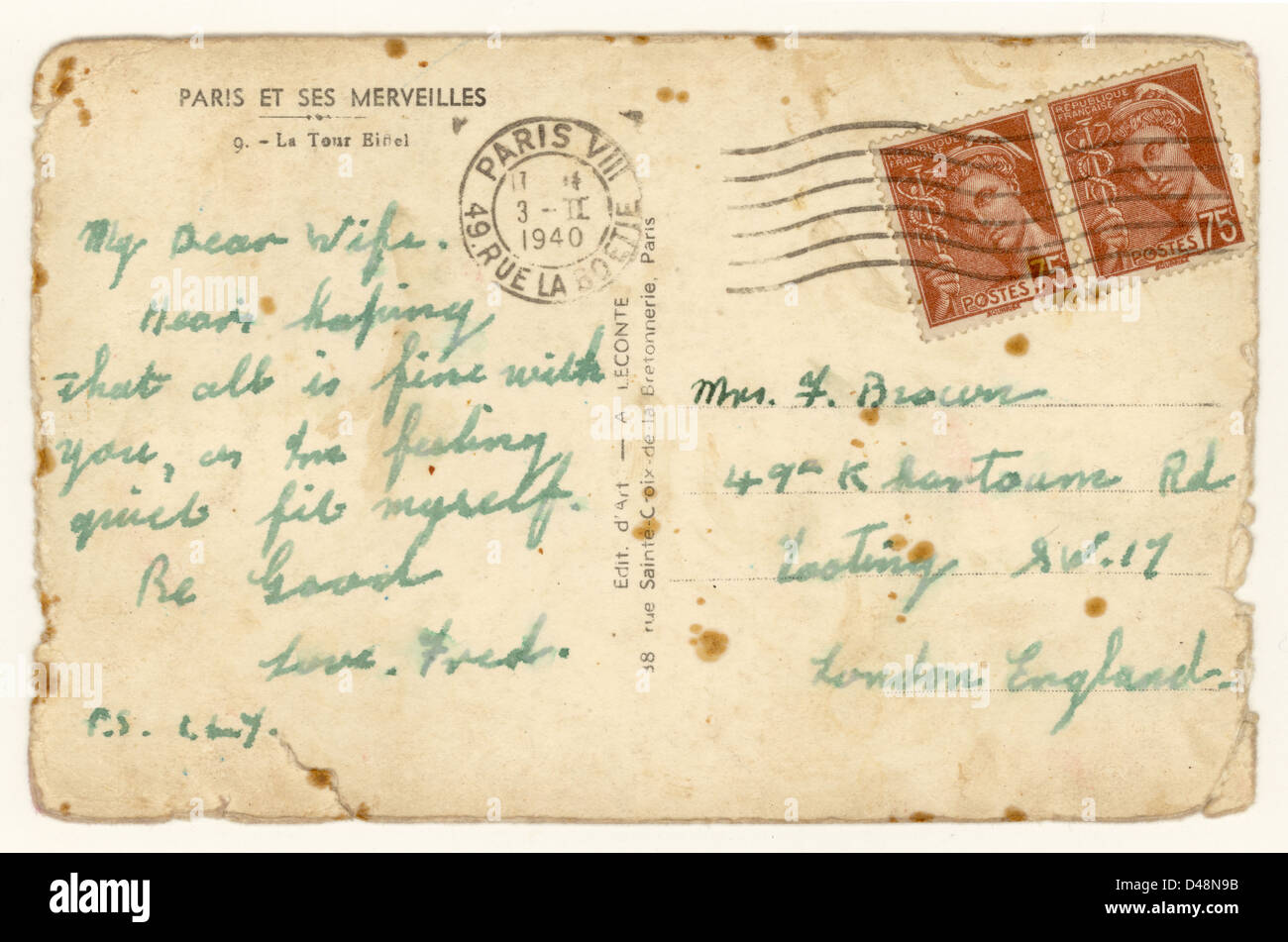 Reverse of  French postcard with stamps, Paris postmark, France 1940 possibly sent by British serviceman during WW11 Stock Photo