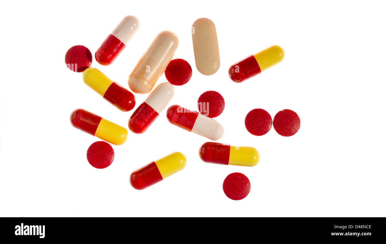 Different types of pills and tablets Stock Photo