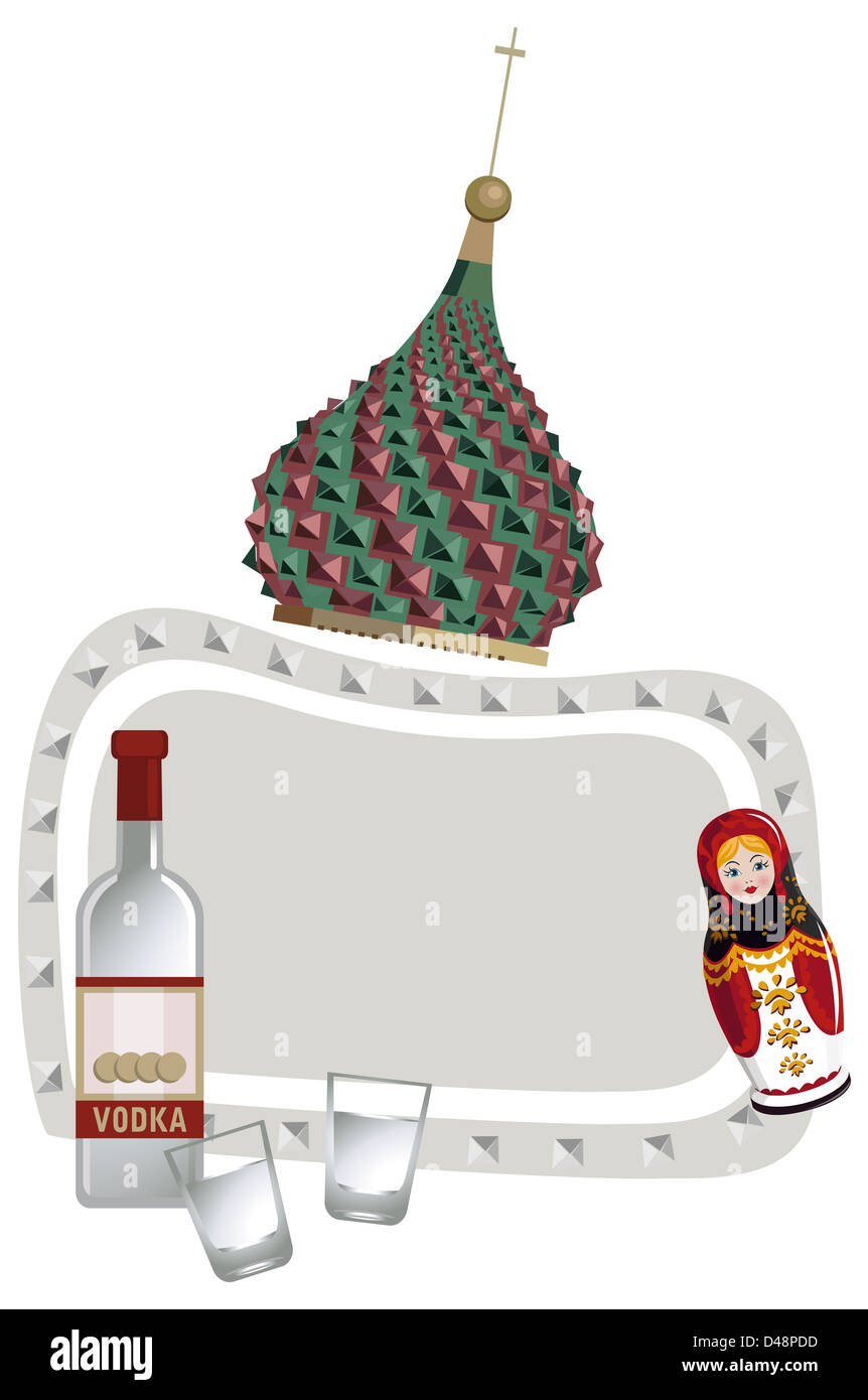 Frame illustration with Kremlin dome, vodka and russian doll, isolated on white Stock Photo