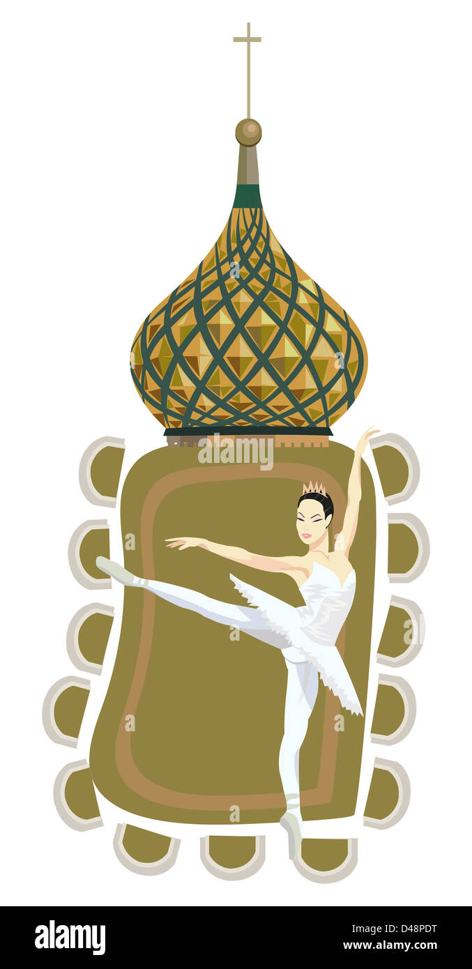 Ornamental frame illustration with russian ballerina and Kremlin dome, isolated on white Stock Photo